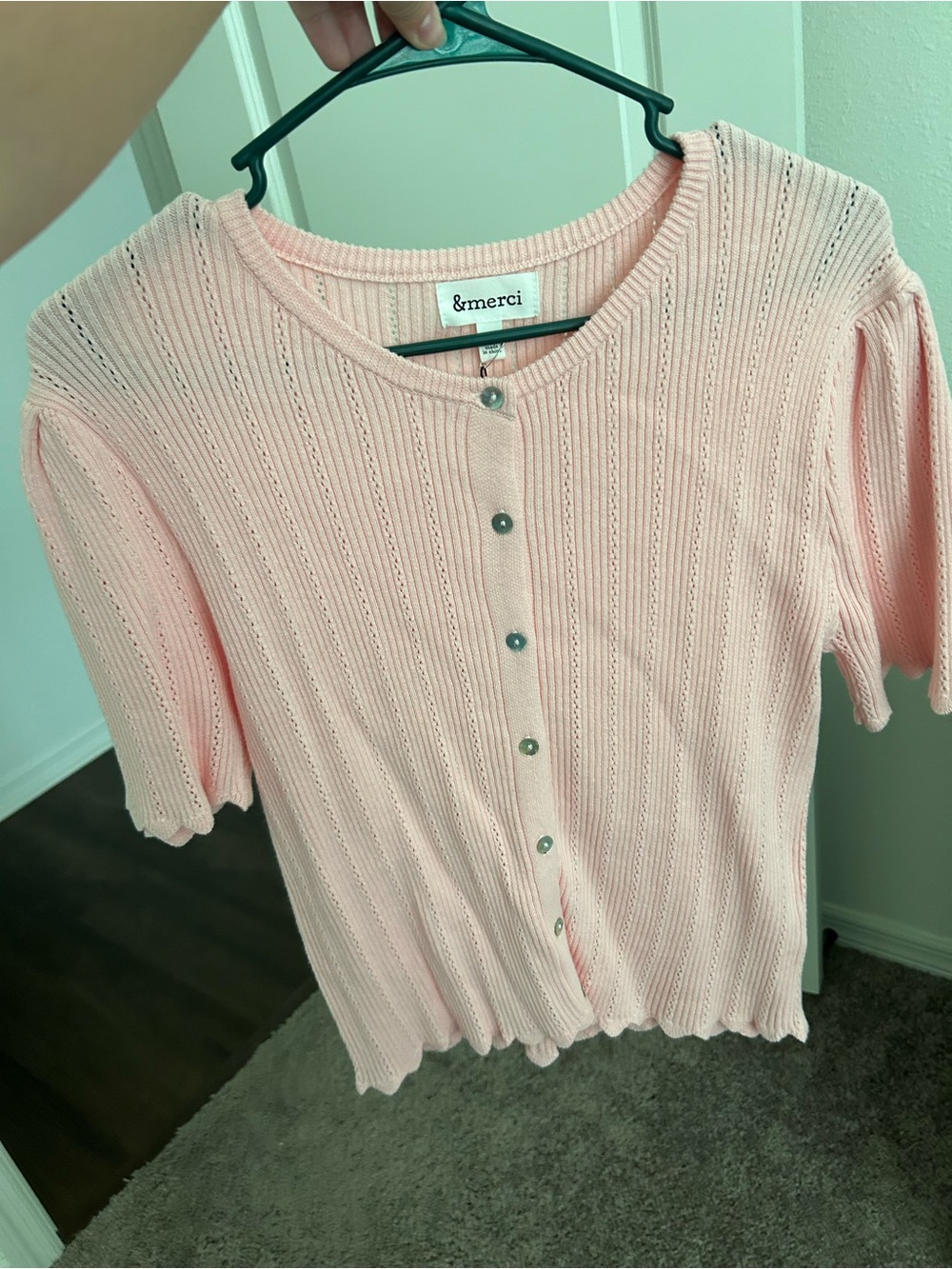 &merci Pink Short-Sleeve Ribbed Button-Front Top